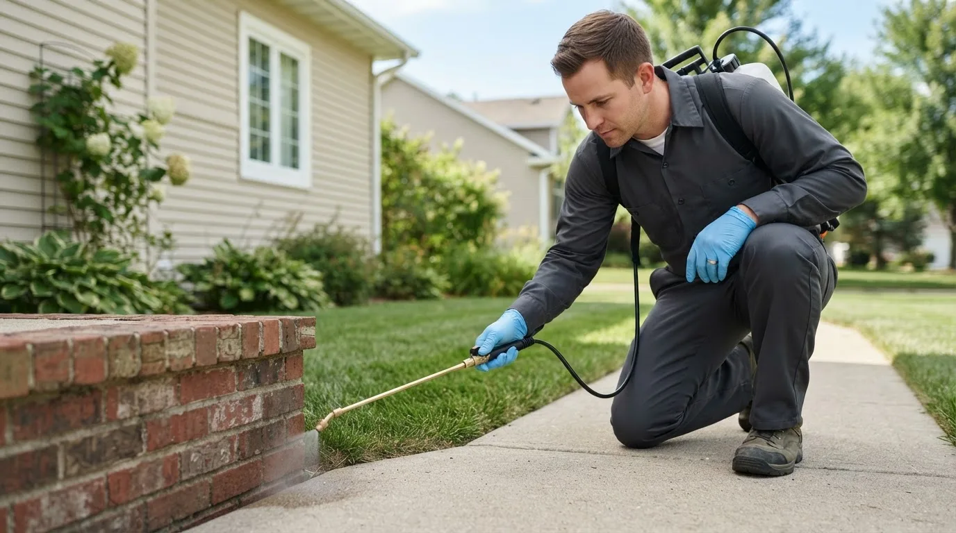 Pest control technician treating a home near East Bank, WV