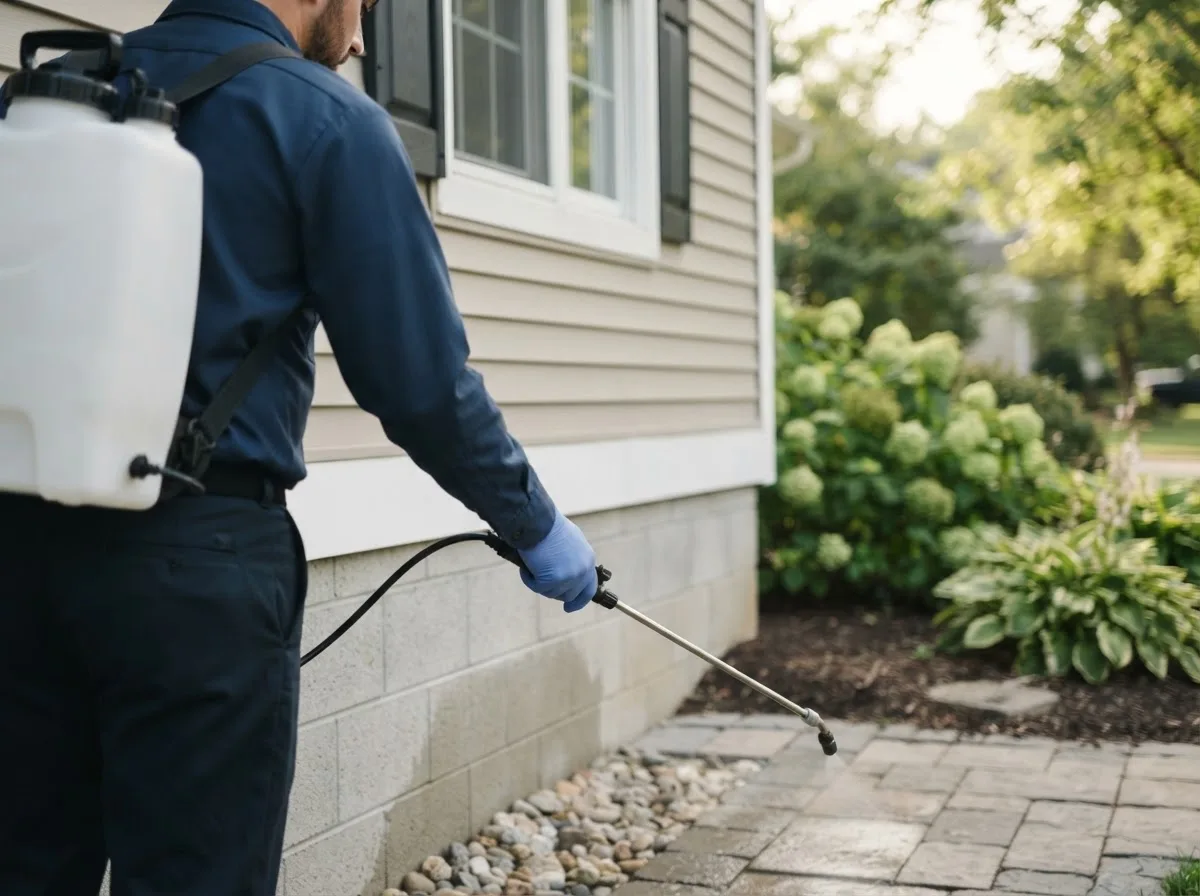 Pest control technician inspecting a home in East Bank, WV